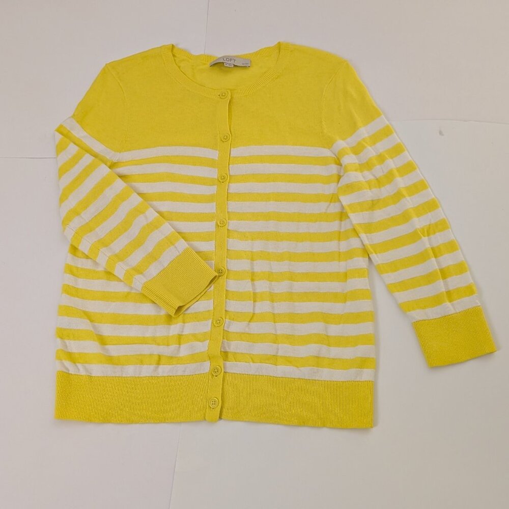 Ann Taylor Loft Long Sleeve Crew Neck Yellow & White Striped Cardigan, Size MP